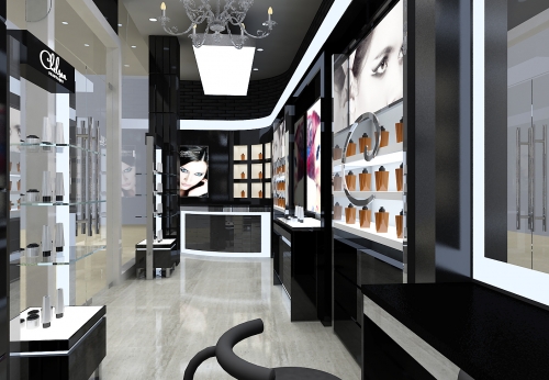 现代设计零售黑色烤漆化妆品商店展示橱窗